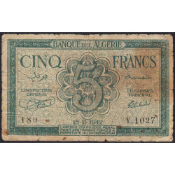Algérie - Pick 91 - 5 francs - Série Y.1027 - 16/11/1942 - Etat : B