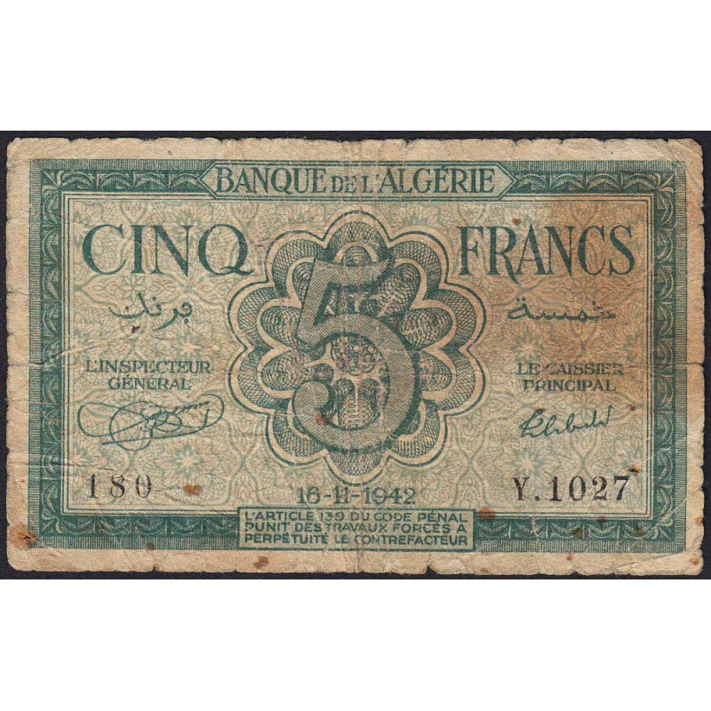Algérie - Pick 91 - 5 francs - Série Y.1027 - 16/11/1942 - Etat : B