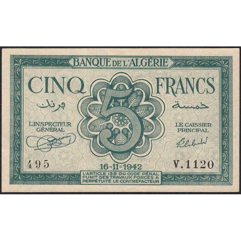 Algérie - Pick 91 - 5 francs - Série V.1120 - 16/11/1942 - Etat : SUP