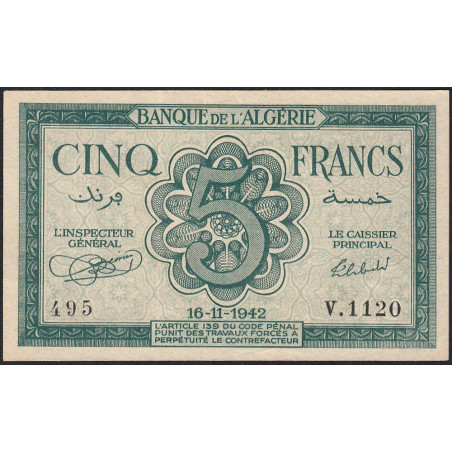 Algérie - Pick 91 - 5 francs - Série V.1120 - 16/11/1942 - Etat : SUP