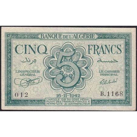 Algérie - Pick 91 - 5 francs - Série B.1168 - 16/11/1942 - Etat : SUP