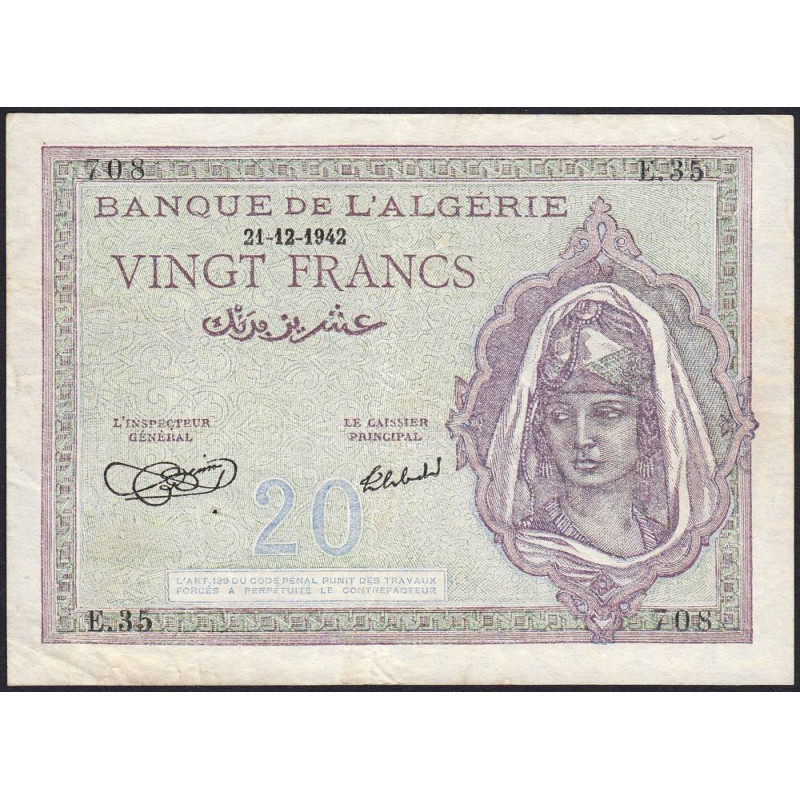 Algérie - Pick 92a_1 - 20 francs - Série E.35 - 21/12/1942 - Etat : TTB+