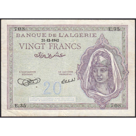 Algérie - Pick 92a_1 - 20 francs - Série E.35 - 21/12/1942 - Etat : TTB+
