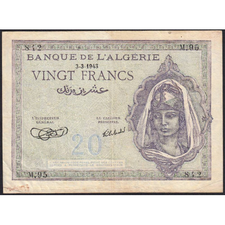 Algérie - Pick 92a_1 - 20 francs - Série M.95 - 03/03/1943 - Etat : TTB-