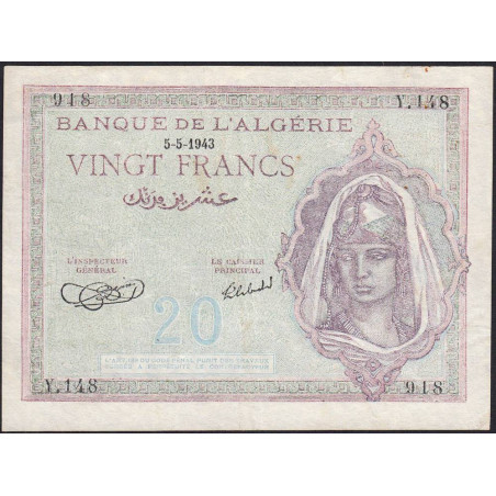 Algérie - Pick 92a_1 - 20 francs - Série Y.148 - 05/05/1943 - Etat : SUP