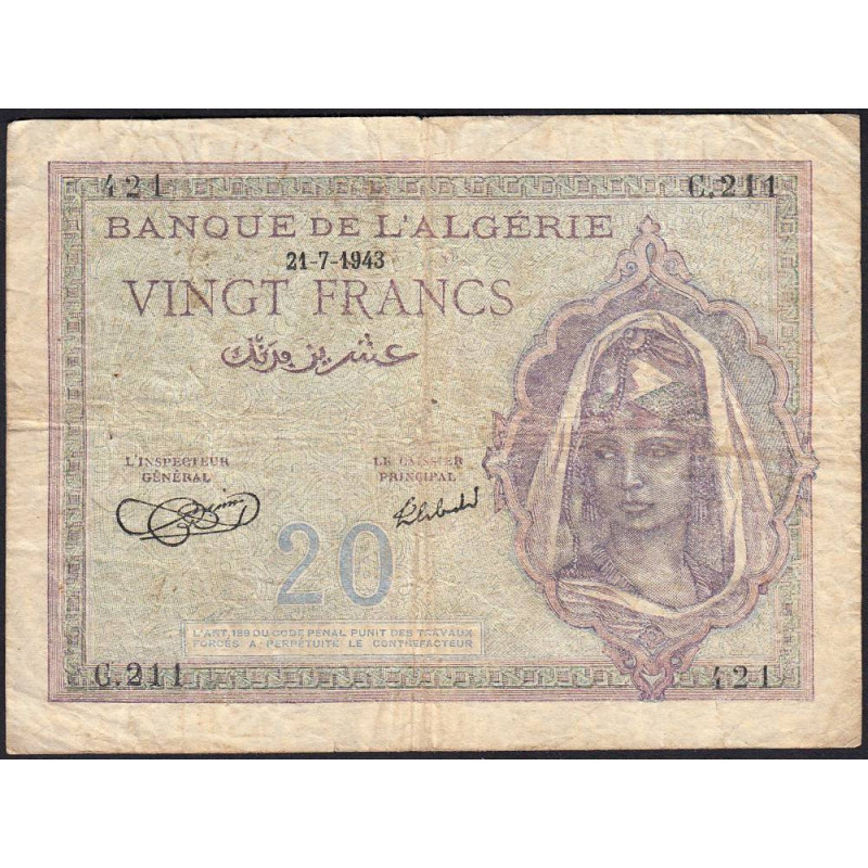 Algérie - Pick 92a_1 - 20 francs - Série C.211 - 21/07/1943 - Etat : TB