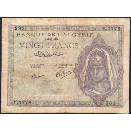 Algérie - Pick 92b - 20 francs - Série M.1778 - 03/04/1945 - Etat : TB-