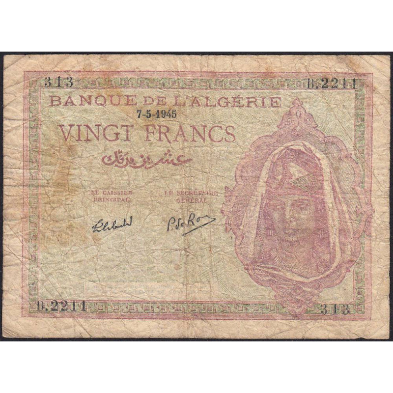 Algérie - Pick 92b - 20 francs - Série B.2211 - 07/051945 - Etat : B+