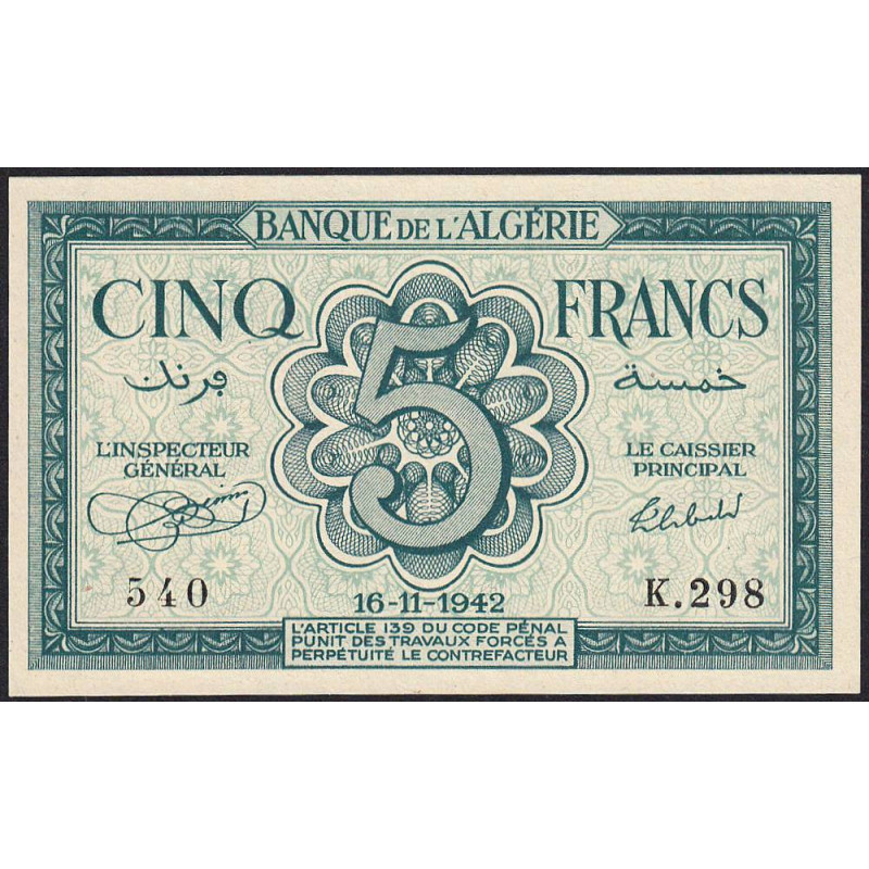 Algérie - Pick 91 - 5 francs - Série K.298 - 16/11/1942 - Etat : NEUF