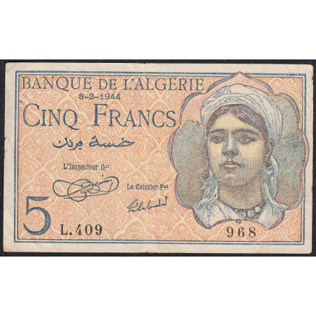 Algérie - Pick 94a - 5 francs - Série L.409 - 08/02/1944 - Etat : TTB