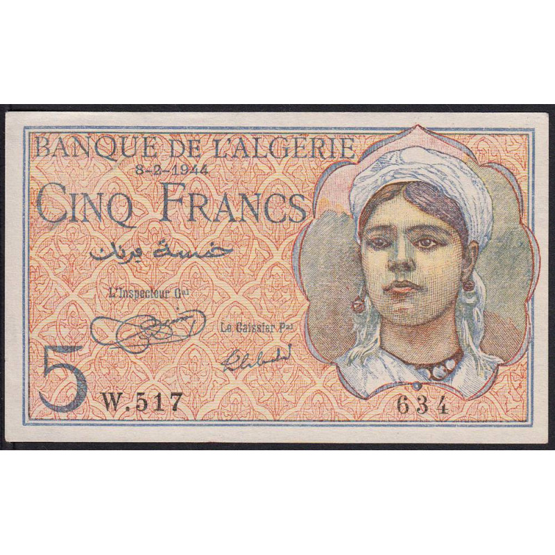 Algérie - Pick 94a - 5 francs - Série W.517 - 08/02/1944 - Etat : pr.NEUF