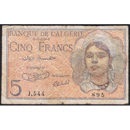 Algérie - Pick 94a - 5 francs - Série J.544 - 08/02/1944 - Etat : B+