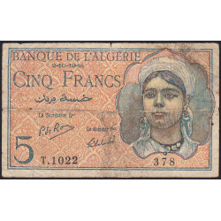 Algérie - Pick 94b - 5 francs - Série T.1022 - 02/10/1944 - Etat : B+
