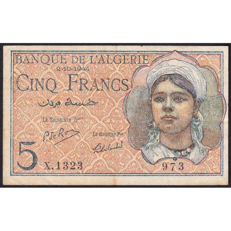 Algérie - Pick 94b - 5 francs - Série X.1323 - 02/10/1944 - Etat : TTB-