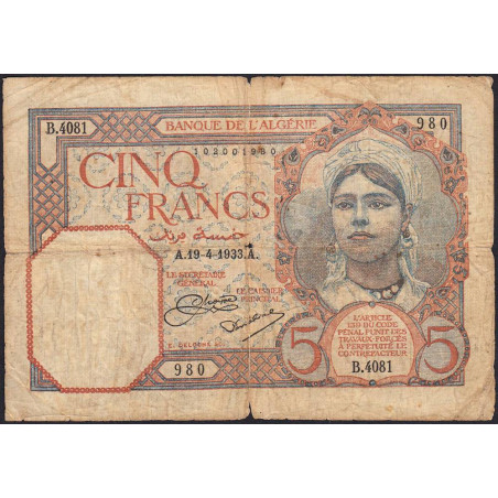 Algérie - Pick 77a_1 - 5 francs - Série B.4081 - 19/04/1933 - Etat : B