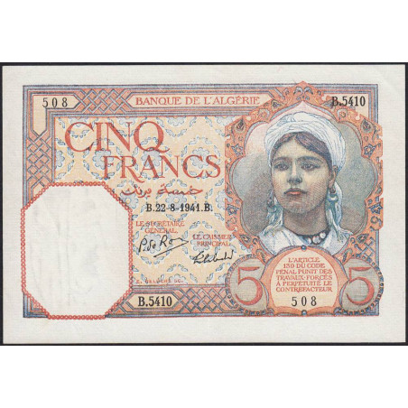 Algérie - Pick 77b - 5 francs - Série B.5410 - 22/08/1941 - Etat : SUP+