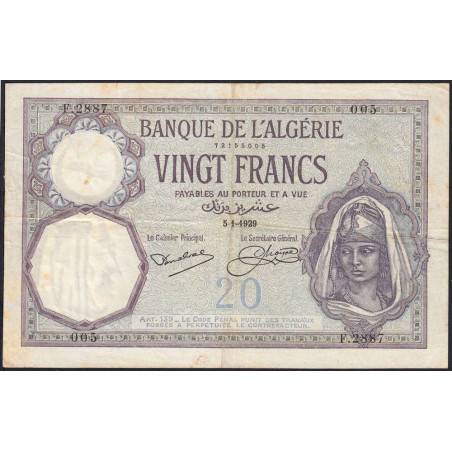 Algérie - Pick 78b - 20 francs - Série F.2887 - 05/01/1929 - Etat : TTB-