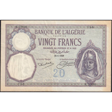 Algérie - Pick 78b - 20 francs - Série E.2900 - 21/01/1929 - Etat : TTB+