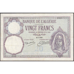 Algérie - Pick 78b - 20 francs - Série A.3059 - 30/07/1929 - Etat : TTB+