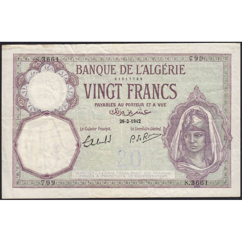 Algérie - Pick 78c_2 - 20 francs - Série S.3661 - 26/02/1942 - Etat : TTB-