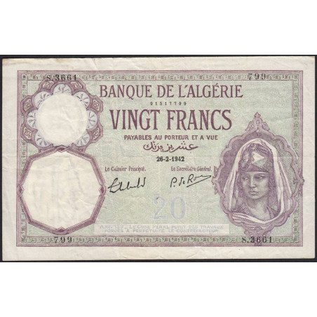 Algérie - Pick 78c_2 - 20 francs - Série S.3661 - 26/02/1942 - Etat : TTB-