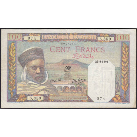 Algérie - Pick 85_1 - 100 francs - Série S.359 - 23/09/1940 - Etat : TTB+