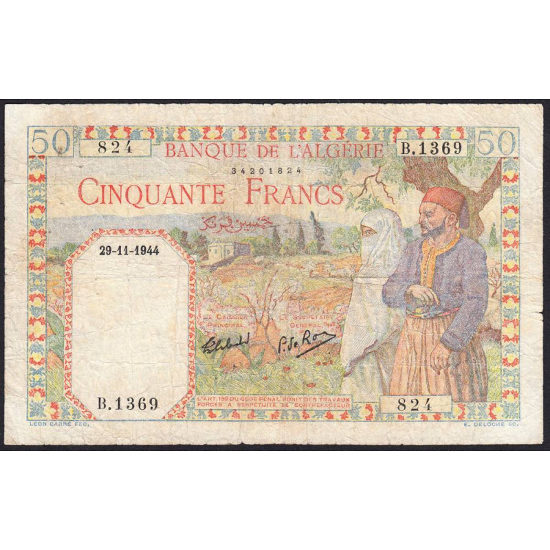 Algérie - Pick 87 - 50 francs - 29/11/1944 - Etat : B+