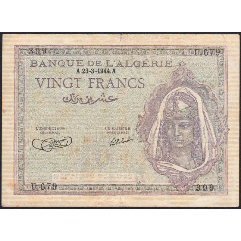 Algérie - Pick 92a_2 - 20 francs - Série U.679 - 23/03/1944 - Etat : TB-