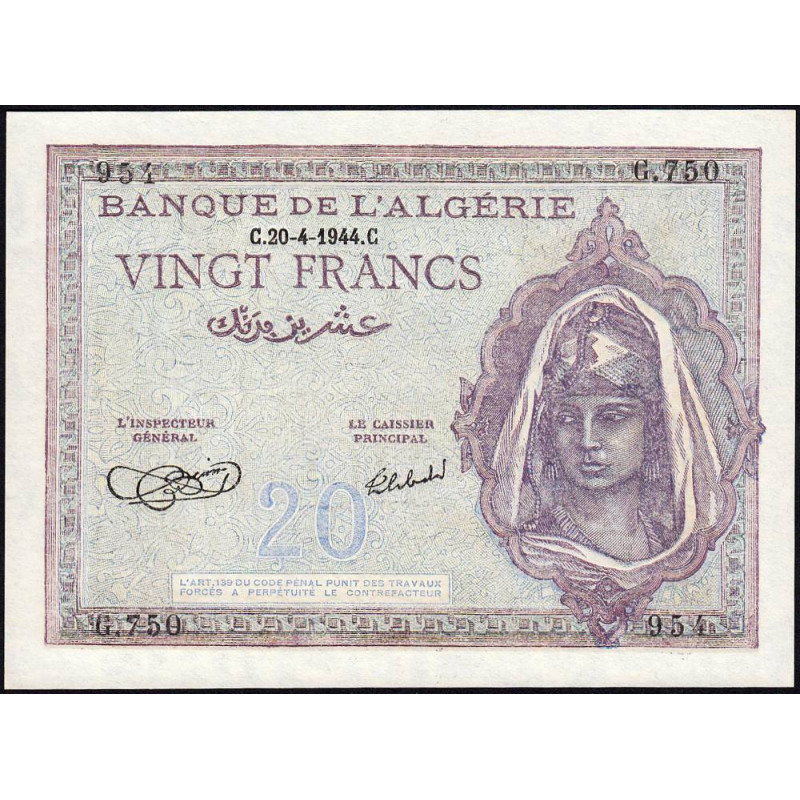 Algérie - Pick 92a_2 - 20 francs - Série G.750 - 20/04/1944 - Etat : pr.NEUF