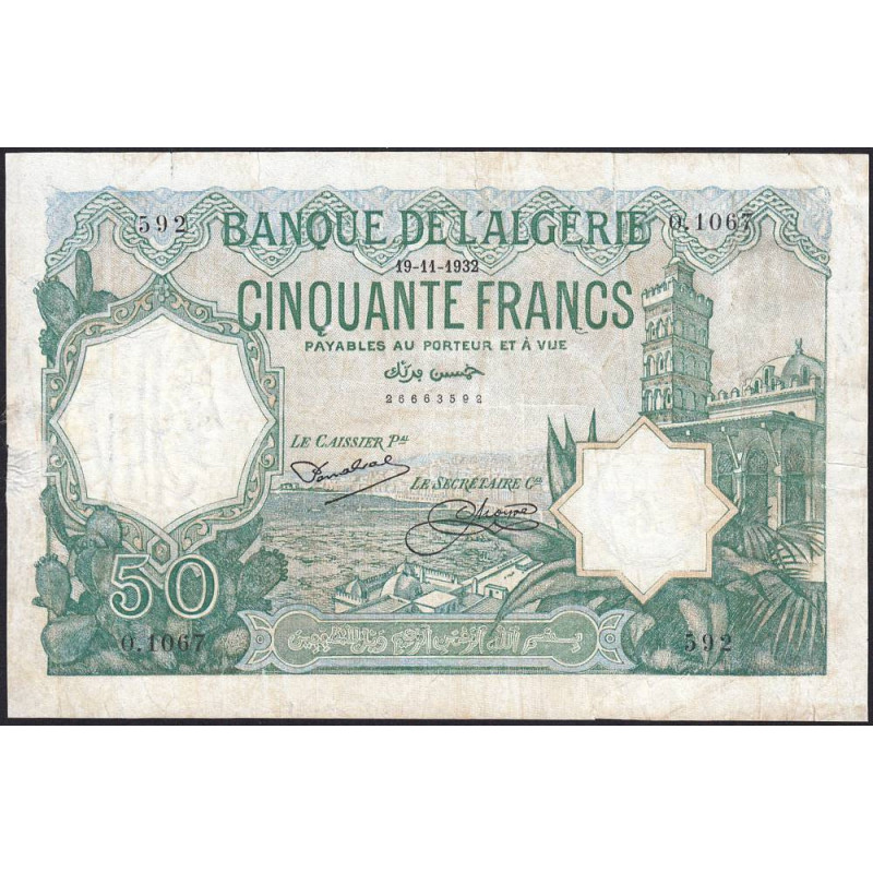 Algérie - Pick 80_2 - 50 francs - 19/11/1932 - Etat : B+