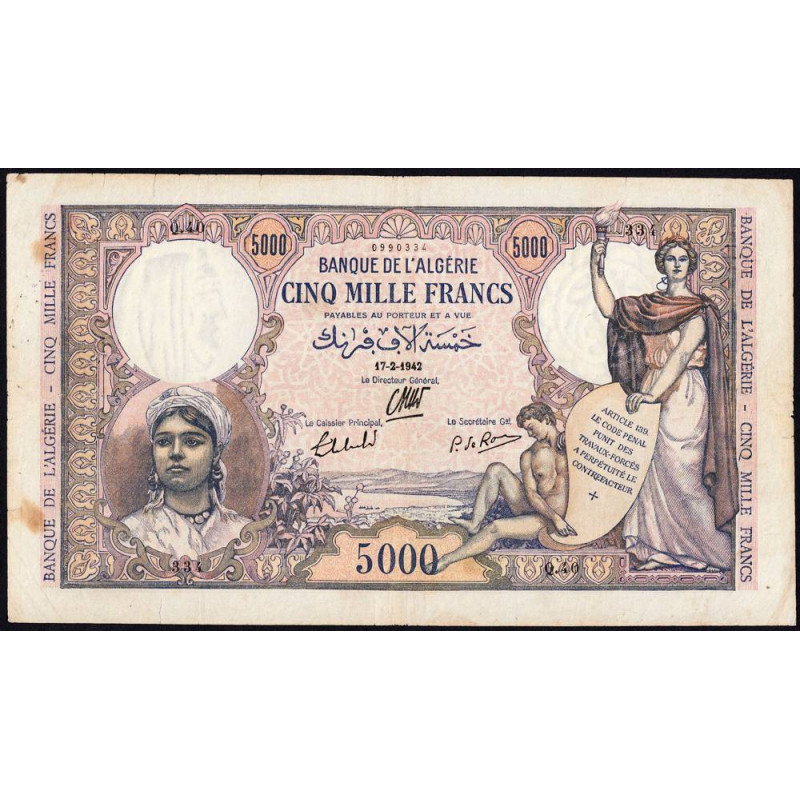 Algérie - Pick 90 - 5'000 francs - 17/02/1942 - Etat : TTB-