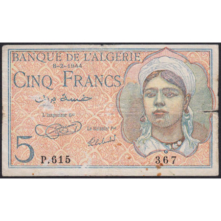 Algérie - Pick 94a - 5 francs - Série P.615 - 08/02/1944 - Etat : TB-