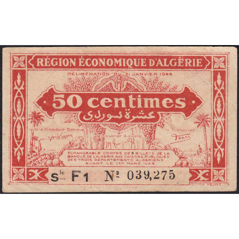 Algérie - Pick 97b - 50 centimes - Série F1 - 31/01/1944 - Etat : TTB-