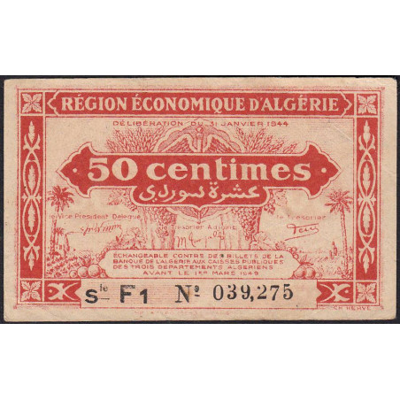 Algérie - Pick 97b - 50 centimes - Série F1 - 31/01/1944 - Etat : TTB-