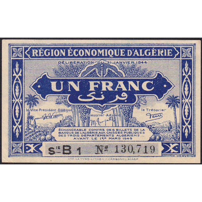 Algérie - Pick 98a - 1 franc - Série B1 - 31/01/1944 - Etat : pr.NEUF