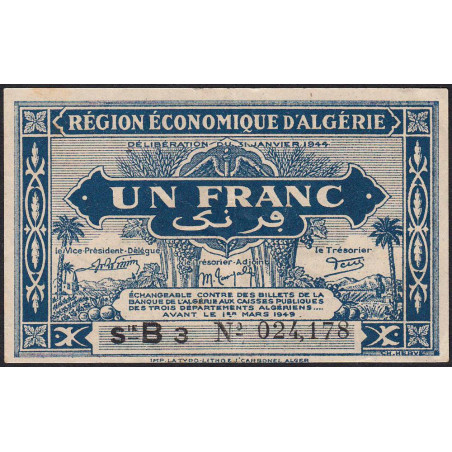 Algérie - Pick 98a - 1 franc - Série B3 - 31/01/1944 - Etat : SUP