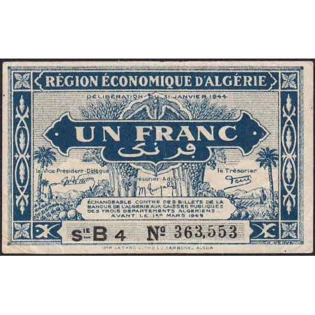 Algérie - Pick 98a - 1 franc - Série B4 - 31/01/1944 - Etat : TTB