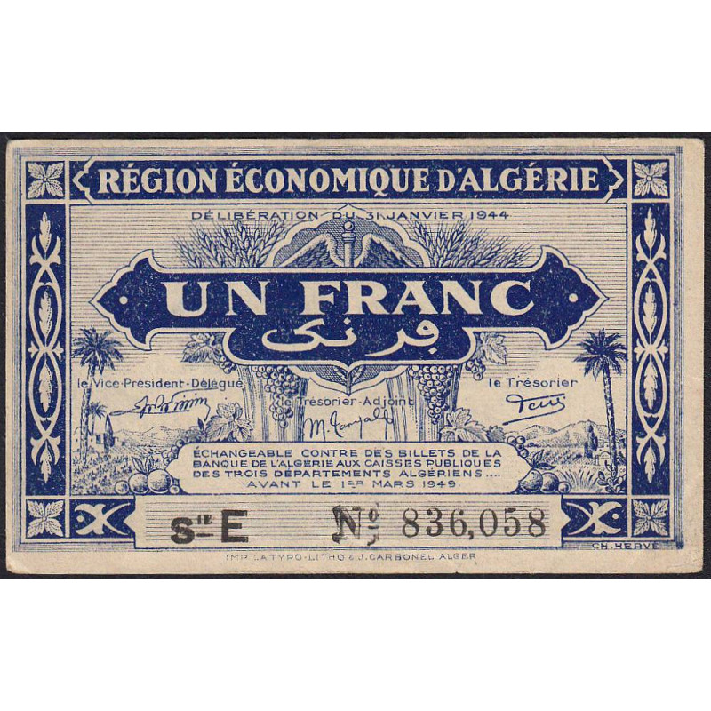 Algérie - Pick 98b - 1 franc - Série E - 31/01/1944 - Etat : TTB+