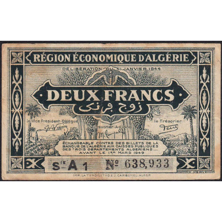 Algérie - Pick 99a - 2 francs - Série A1 - 31/01/1944 - Etat : TB+