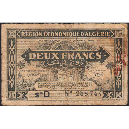 Algérie - Pick 99b - 2 francs - Série D - 31/01/1944 - Etat : B