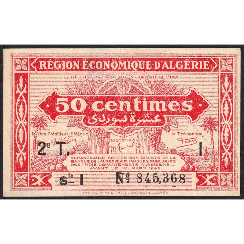 Algérie - Pick 100 - 50 centimes - Série I - 31/01/1944 - Variété - Etat : TTB