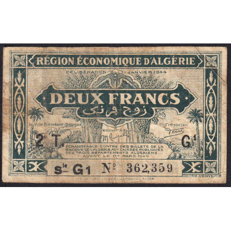 Algérie - Pick 102 - 2 franc - Série G1 - 31/01/1944 - Etat : B+ à TB-