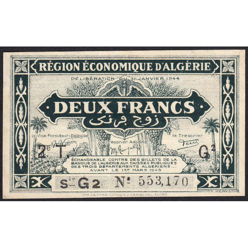 Algérie - Pick 102 - 2 franc - Série G2 - 31/01/1944 - Etat : SUP