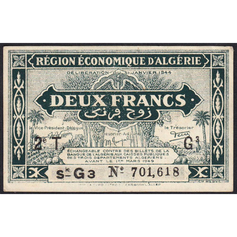 Algérie - Pick 102 - 2 franc - Série G3 - 31/01/1944 - Etat : SPL