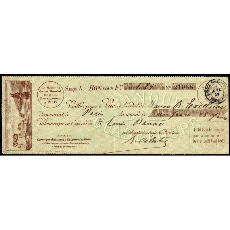 Guadeloupe - Mandat Banque de la Guadeloupe - 1,25 franc - 1914 - Etat : TTB