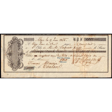 Algérie - Alger - Billet à ordre - 1'331 francs - 1852 - Etat : TTB