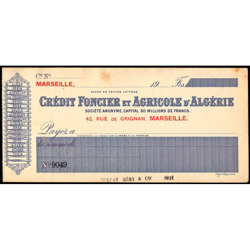 Algérie - Crédit Foncier et Agricole - 1910 - Etat : SUP