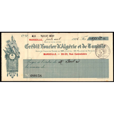 Algérie - Tunisie - Crédit Foncier - 1926 - Etat : TTB