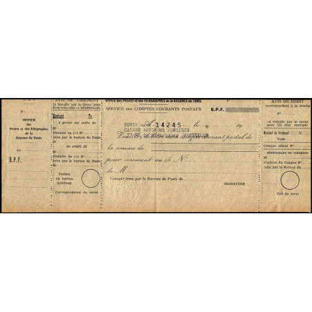 Tunisie - Chèque de l'Office des Postes et Télégraphe - 1920 - Etat : TTB+