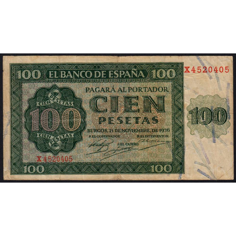 Espagne - Pick 101 - 100 pesetas - 21/11/1936 - Série X - Etat : TB+